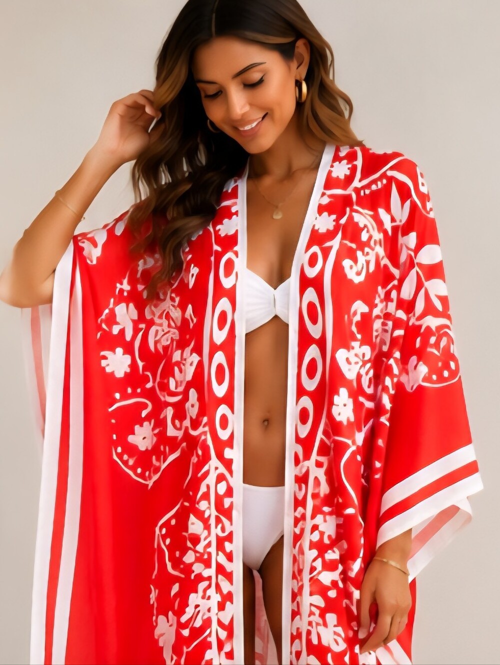 Red White Boho Kimono Cover Up Beach Resort Swimwear Tropical Vacation Festival